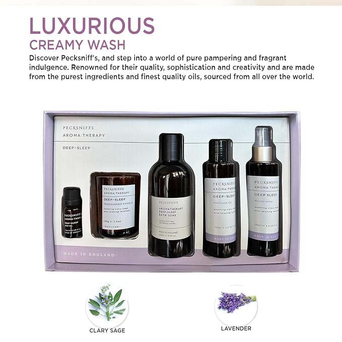 Pecksniff's Fragrance Gift Sets Luxurious, Handcrafted in England (Aroma:Therapy Deep-Sleep: Bath Soak, Candle, Pillow Spray, Massage Oil)