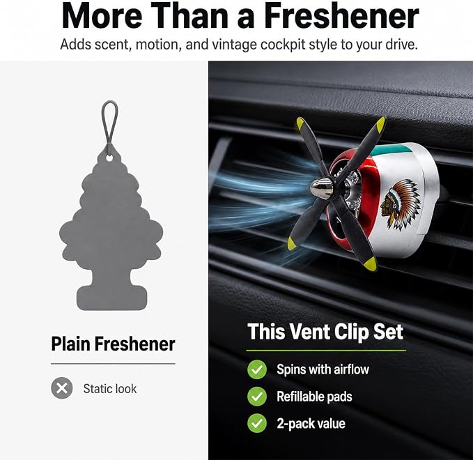 Airplane Propeller Car Vent Air Freshener 2 Pack with 2 Refill Pads, P-47 Inspired Vent Clip Diffusers, Vintage Aviation Car Accessories for Men(P47-CHIEF-SLV-2SET)