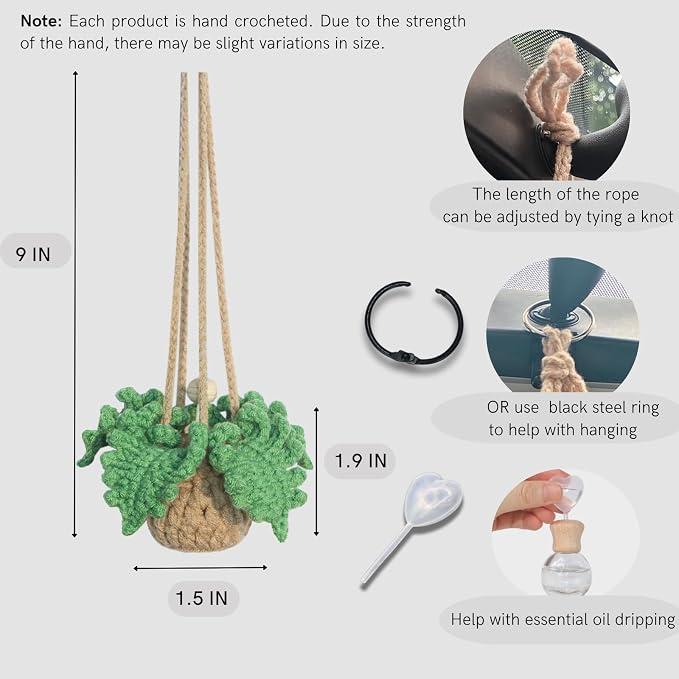 ROFIGL Handmade Crochet Car Air Freshener - Adorable Bendable Fern Plant with 8ml Empty Refillable Oil Diffuser Bottle, Suitable for Car Rearview Mirror Hanging, Home & Office Decor
