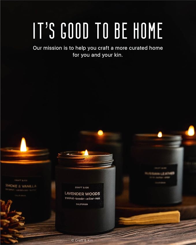 Craft & Kin Premium Smoke & Vanilla Scented Candle – Long Lasting, 45 Hour Burn Time – Luxury Black Natural Soy Scented Candle for Men with Wood Wick – Room Decor and Aromatherapy – 7.6 oz