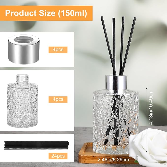 4 Set Empty Reed Diffuser Bottle Set with Stick, 150ml Refillable Patterned Glass Vase with Black Rattan Reed & Cap for DIY Essential Oil, Home Fragrance, Bulk,Silver