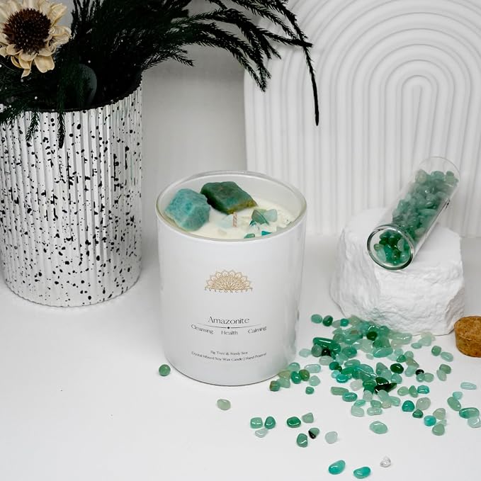 Amazonite Crystal Candle – 10oz / 280g Fig Tree & Sandy Sea Aromatherapy Hand-Poured Soy Wax Genuine Amazonite Healing Crystals Embedded Cleansing, Health & Calming Gift Box Included
