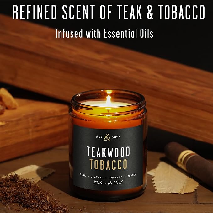 Teakwood & Tobacco Candle I Scented Black Candles for Men or Women - Teakwood, Tobacco & Orange Soy Wax Mens Candle - Infused w/Essential Oils | Long-Lasting 50Hr Burn, 9oz I Non Toxic I Made in USA