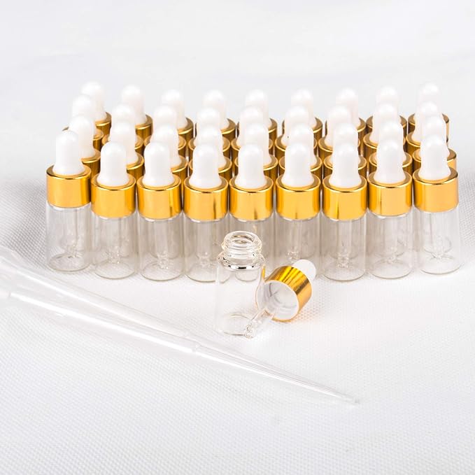 Sample Dropper Bottles, Mini Dropper Bottles with 2 Pcs Plastic Droppers for Traveling Essential Oils DIY Cosmetic Liquid Sample Perfume (Gold, 5ML)