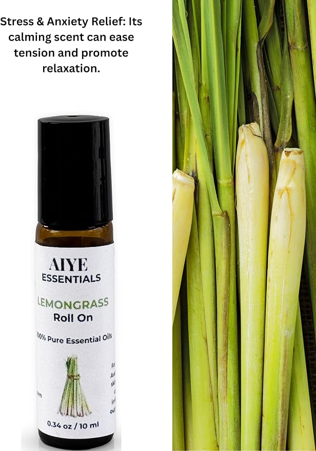AIYE Essentials Lemongrass Roll On, 100% Pure Essential Oils, 0.34 oz / 10 ml, 2 Pack