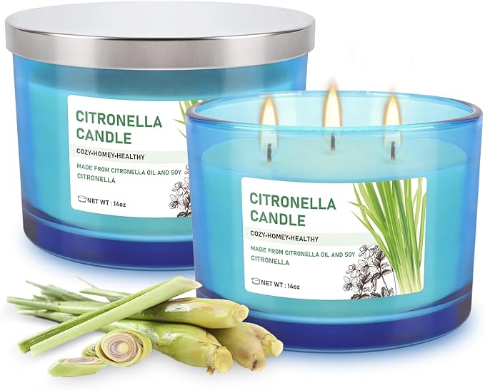 2x14oz Large 3-Wick Outdoor Indoor Citronella Candles, Long Lasting to 30 Hours, Scented Natural Soy Candle for Garden Camping Party Yard Balcony