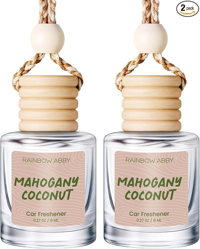 RAINBOW ABBY Hanging Car Air Freshener Diffuser 2 Pack - Mahogany Coconut Fragrance Oil, 45+ Days Long Lasting, Essential Oil Diffuser for Car