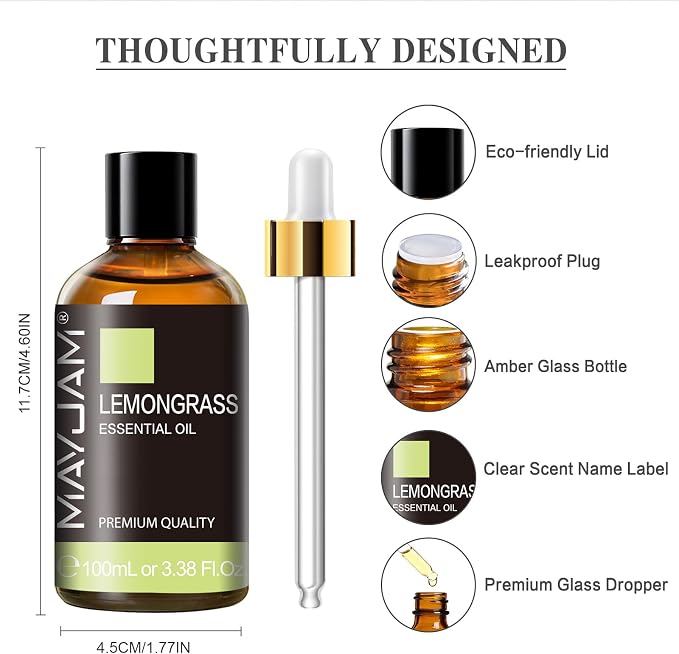 Lemongrass Essential Oil, 3.38fl.oz, MAYJAM Premium Essential Oils with Glass Dropper, Lemongrass Oil for Diffuser, Aromatherapy