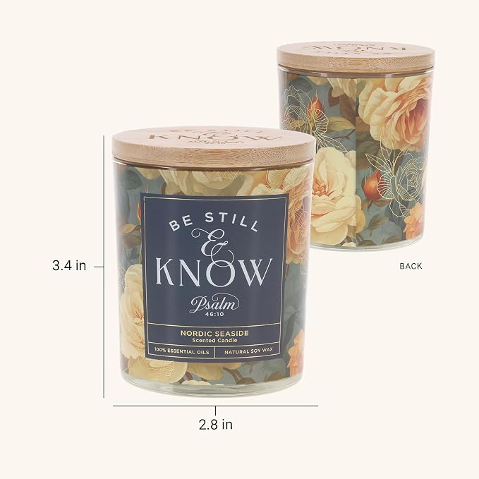 Christian Art Gifts Soy Wax Scented Candle: Be Still & Know Bible Verse, Nordic Seaside Scent, Pure Essential Oils, 4.5 oz, Up to 20 Hours Burn Time, Glass Jar w/Bamboo Lid, Women's Encouragement Gift