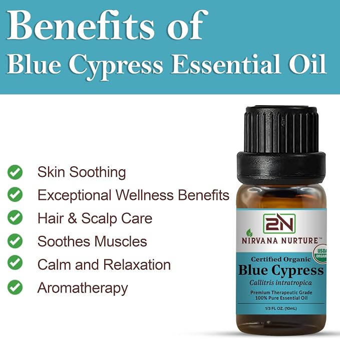 Blue Cypress Essential Oil, USDA Certified Organic, 100% Pure Undiluted, Aromatherapy Oil for Diffuser, Hair & Skin Care