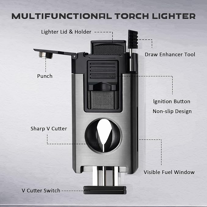5-in-1 Dual Jet Flame Butane Torch Lighter Built-in V Cutter, Punch, Holder, Draw Enhancer Tool, Windproof Refillable Butane Lighter Gift for Men, Cool Lighters for Candle, Outdoor (No Gas)