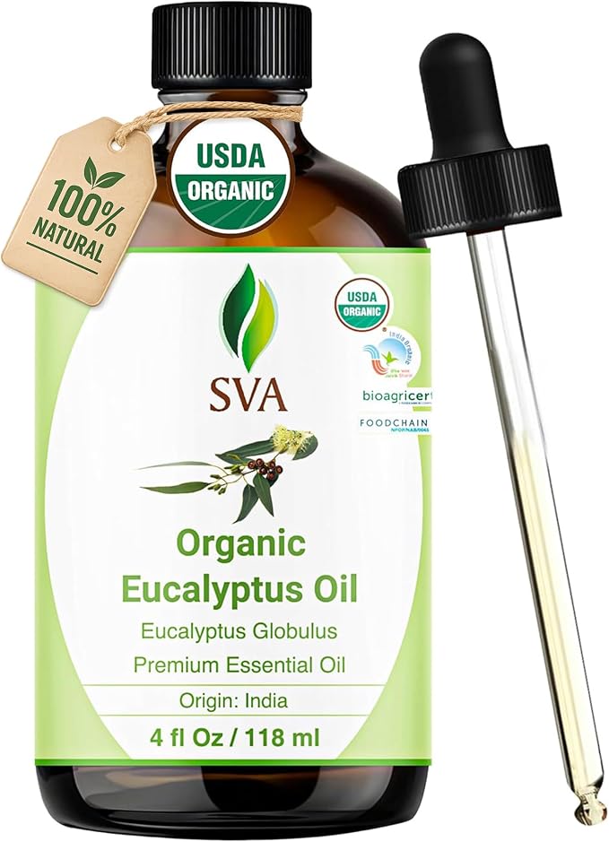 SVA Eucalyptus Essential Oil Organic – 4 Fl Oz – 100% Natural Organic Eucalyptus Oil - for Diffuser, Hair, Face, Skin Care, Aromatherapy, Scalp and Body Massage, Soap and Candle Making - with Dropper