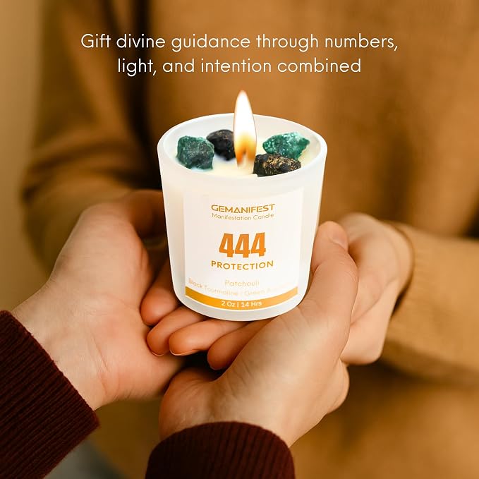 Angel Number 444 Manifestation Candle Crystal Infused Soy Wax with Black Tourmaline and Green Aventurine Patchouli Scented Spiritual Gift for Protection and Energy Alignment