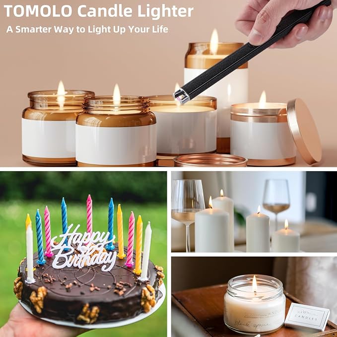 TOMOLO 2PCS Candle Lighter, Electric Lighter with Safety Switch Windproof Flameless Rechargeable Lighters for Candle, Kitchen, Grill, Camping, Gift (Silver, Black)