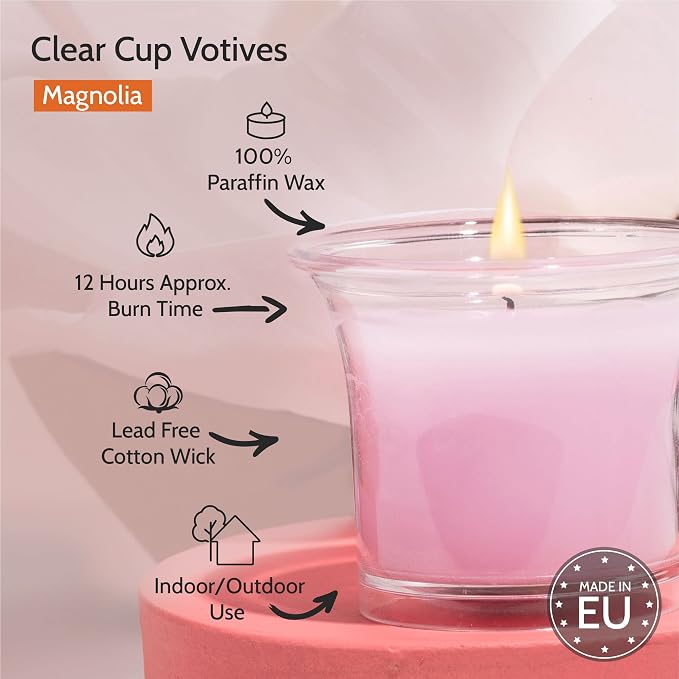 HYOOLA Clear Cup Scented Votive Candles - Magnolia - 12 Hour Burn Time - 4 Pack - European Made