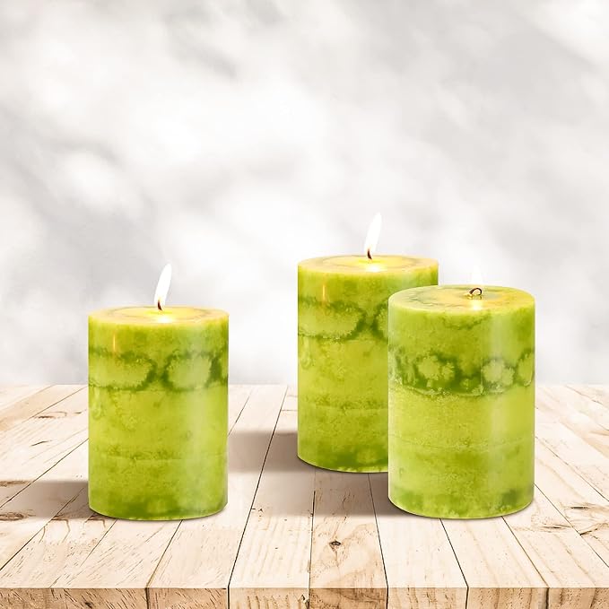 Green Pillar Candles Set of 3 Sage Scented Long Burning Candles 3x4 inch Aromatherapy Clean Burn Dripless Candle for Dinner Table,Weddings, Holidays Home Decorations