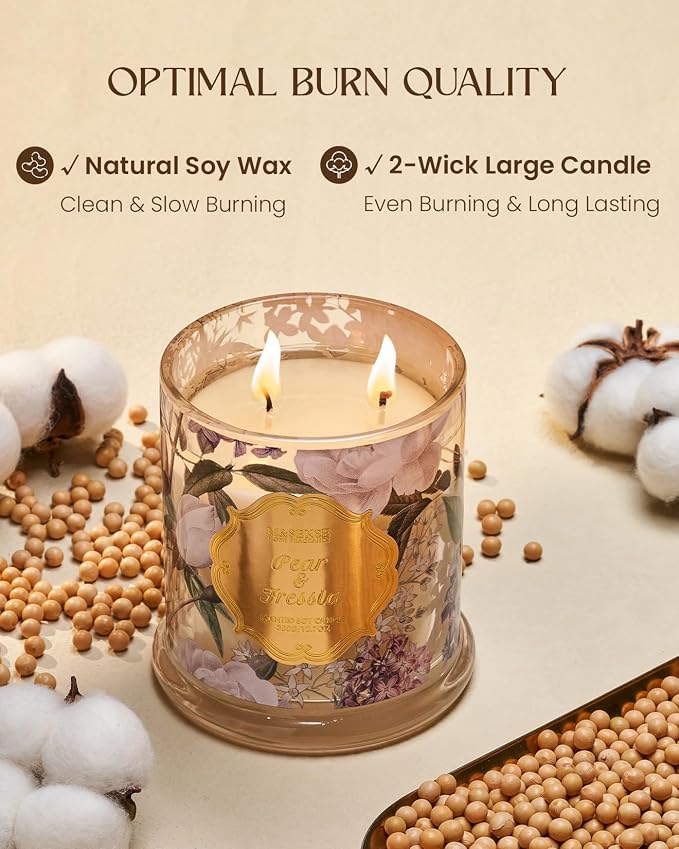 M&SENSE Pear Fressia Scented Candle 12.7oz Stress Relief 2 Wick | Natural Soy Wax, Non-Toxic, Stress Relieving Aromatherapy, Romantic Summer Gifts for Women, 75 Hours