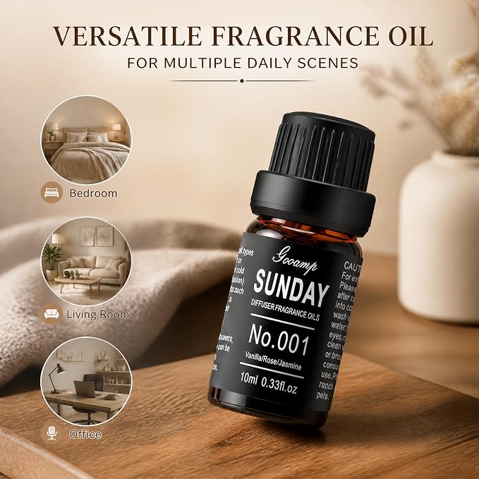 Gooamp SUNDAY-001 Diffuser Oil Essential Oils Blend - Vanilla/Rose/Jasmine - 10mL 0.33fl.oz - Suitable for Water, Anhydrous, Reed, Cold Air, and Automobile Diffusers - Ideal for DIY Crafts