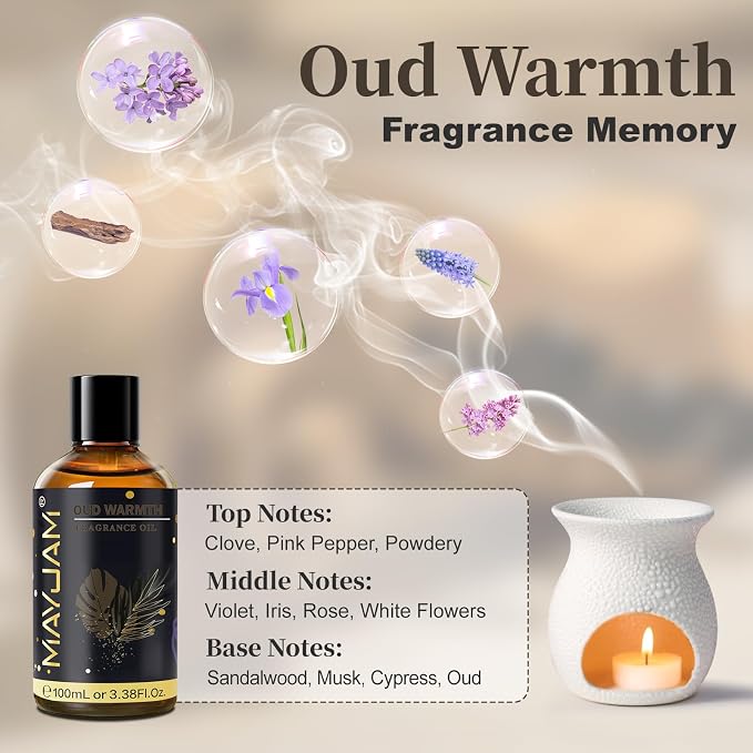 Oud Warmth Fragrance Oil Essential Oil, MAYJAM 3.38FL.OZ Oud Warmth Oil for Diffusers for Home, Long Lasting Scented Oils for Soap Candle Making - 100ML