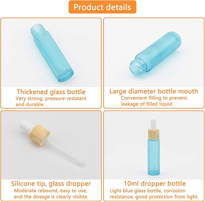 Ellbest 10ml Essential Oil Glass Dropper Bottle 10pcs Colorful Glass Bottles with Eye Dropper Small Empty Refillable Vials for Travel, Perfume, Samples (Matte Cyan Blue)