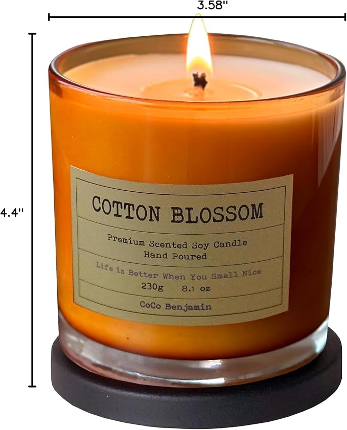 100% Natural Soy Wax Candle by CoCo Benjamin - Highly Scented & Hand-Poured Luxury Candle (Powdery Woodland Musk) Cotton Blossom - Clean Burning Cotton Wick