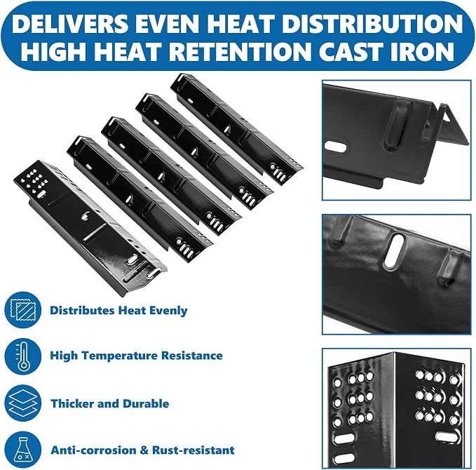SafBbcue Grill Replacement Parts for Dyna-Glo 5 Burner DGH474CRP, DGH485CRP, DGH483CRP, DGH474CRN Grills, Cast Iron Grill Grates, Porcelain Steel Heat Plates, Grill Parts Kit
