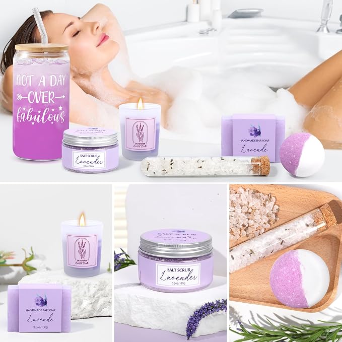Spa Gift Baskets for Women, Lavender Birthday Gifts for Women, Relaxing Spa Kit Box, Bath and Body Gift Set for Her Mom Wife Sister Friends, Self Care Gift for Woman Mothers Day Christmas Idea