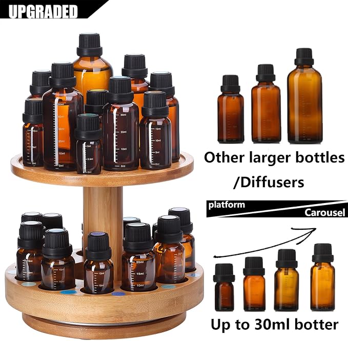 TJ.MOREE Bamboo Essential Oil Organizer 2-Tier Carousel Holder | Bamboo Material, Fits 5 ml to 30 ml Essential Oil Bottles, Suitable for Home and Office Spaces
