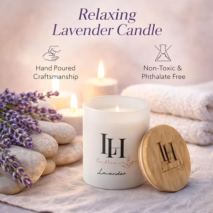 LH Lavender Candles for Home Scented - 10.6oz Aromatherapy Candles for Sleep and Stress Relief - Natural Soy Wax Non-Toxic Organic Candle - Lavender Vanilla Highly Scented Spa Candles Gift for Women