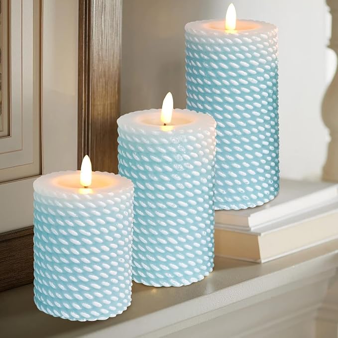 Blue Flameless Candles, Rope Texture 3D Wick, Flickering Pillar Candles with Remote & Timer, 3 Pack