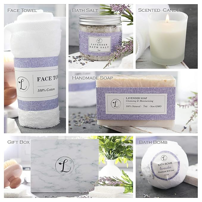 Spa Gift Set 100% Natural, Gift Box Includes: Bath Bomb, Bath Salt, Hand Soap, Scented Candle, Face Cloth and Gift Box. Best Gift for Her. (Lavender)