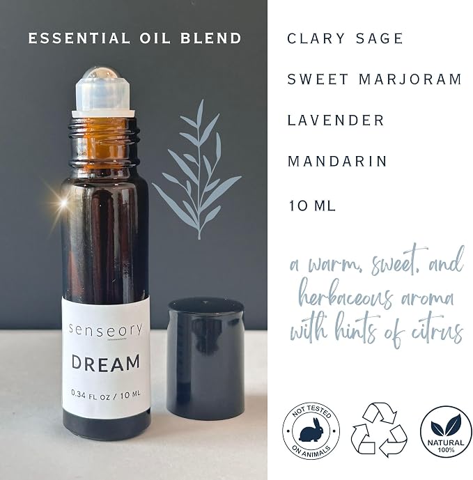 Dream Essential Oil Roll-On – Lavender, Sweet Marjoram, Mandarin & Clary Sage Blend – Natural Aromatherapy for Relaxation & Nighttime Calm – 10ml Roll-On