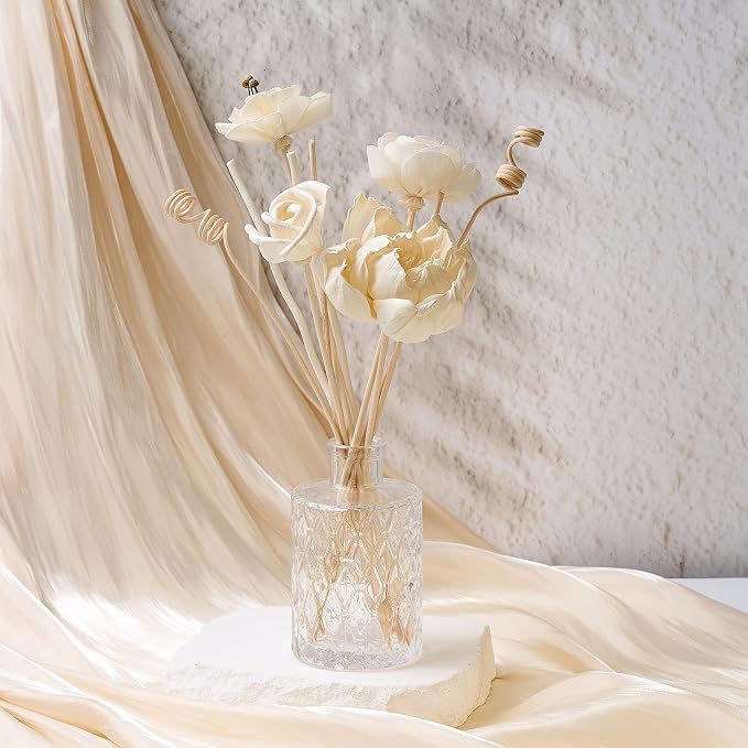 Daifunli 11 Pcs Flower Reed Diffuser Set Include Sola Flowers Diffuser Sticks with 5oz Empty Design Bottles Fragrance Rice Paper Natural Flower for Bedroom Office Bathroom Shelf Decor Gift(Classic)