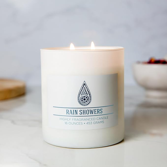 Carolina Rain Showers Scented Candle, 16 oz Wellness Relaxing Aromatherapy Candle, 2 Wick White Jar Soy Blend Wax, Candles for Home, 60H Burn - Made in The USA