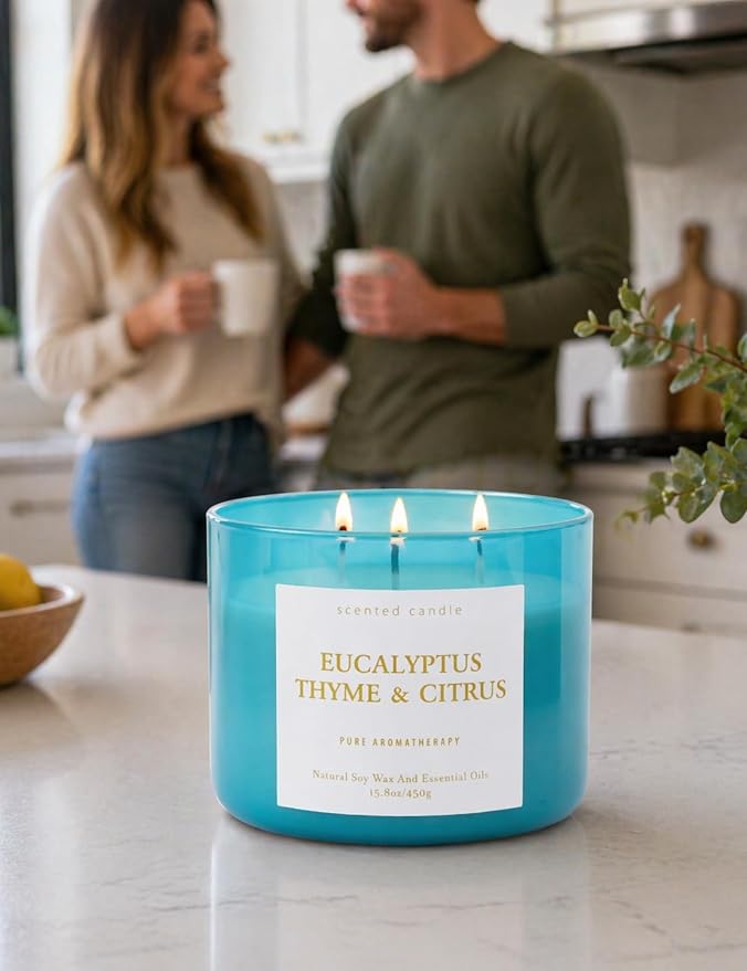 Eucalyptus Thyme Citrus Candle | 3-Wick Large Scented Soy Candle 15.8 oz | Aromatherapy Stress Relief Candles | Relaxing Herbal Spa Scent | Long Lasting Clean Burn
