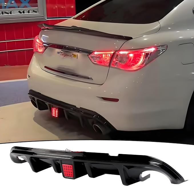 Rear Diffuser W/LED Brake Light Compatible with Infiniti Q50 2014 2015 2016 2017,Add-on Body Kit Rear Bumper Lower Lip Splitter Exterior Accessories (Gloss Black)