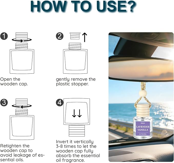 Hanging Car Air Freshener (Pack of 3) : Luxury Car Perfume for Women Men | Cute & Wooden Lid Reusable Bottle with 45+ Days Long-Lasting Scent for Auto Interio, Lavender vanilla