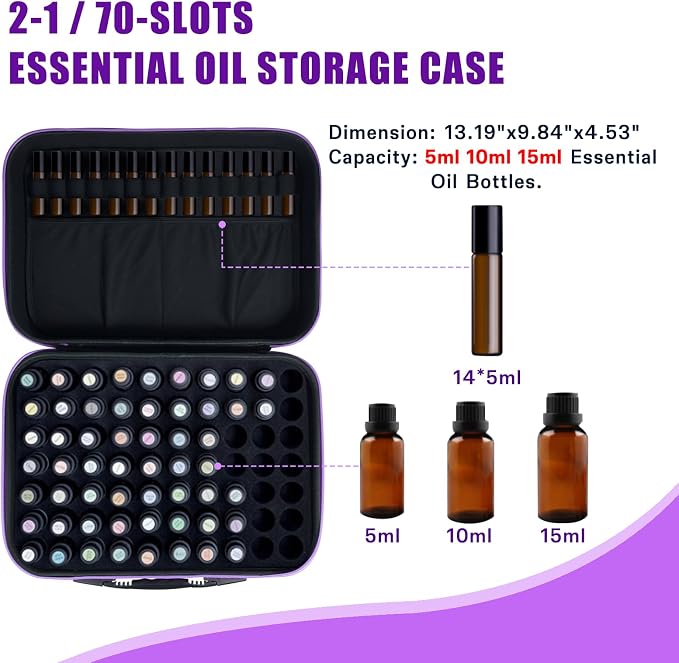 EVA Essential Oil Storage Carrying Case, 70 Bottles, Essential Oils Box for 5ml 10ml 15ml Roller Bottles Travel Storage Organizer Bag for doTERRA & Young Living, Purple