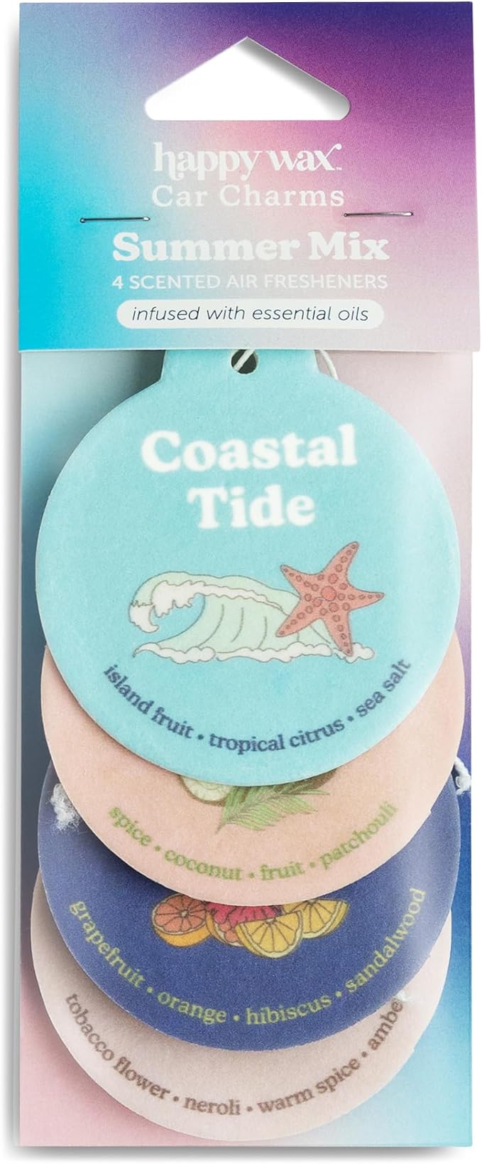 Happy Wax Summer Mix Car Charms 4-Pack Included Scents: Coastal Tide, Bronzed Coconut, Tropical Citrus, Florence
