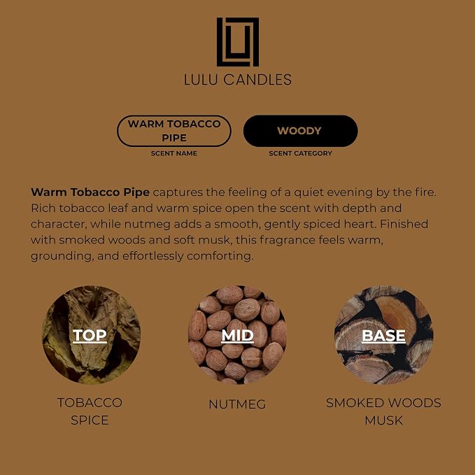 Lulu Candles | Warm Tobacco Pipe | Luxury Scented Soy Jar Candle | Hand Poured in The USA | Highly Scented Long Lasting (9 Oz.)