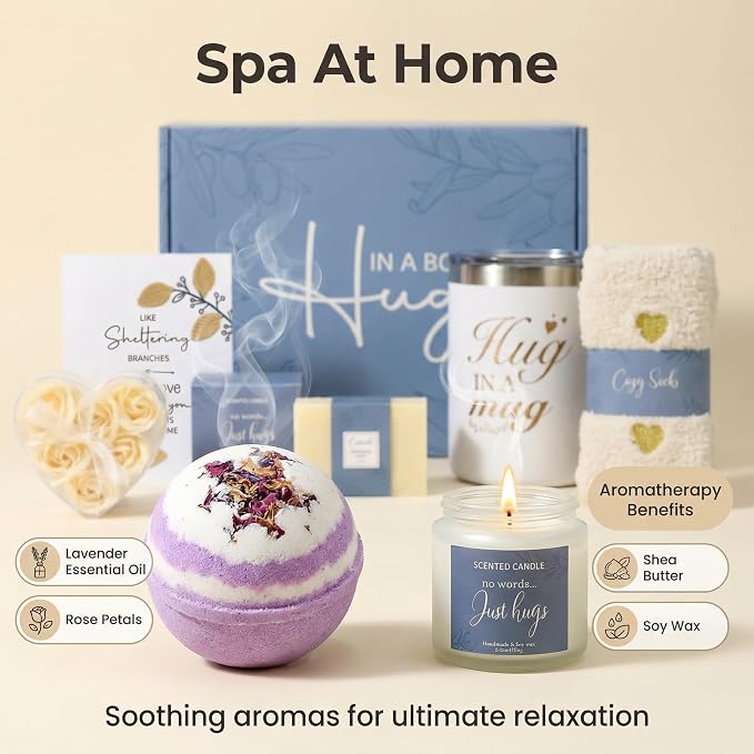 7 Piece Luxury Bath & Body Gift Set for Women,mothers day gifts: Hug in a Box Relaxing Home Spa Kit, with Insulated Mug, Scented Candle & Bath Bomb, Self Care Gift for Birthday