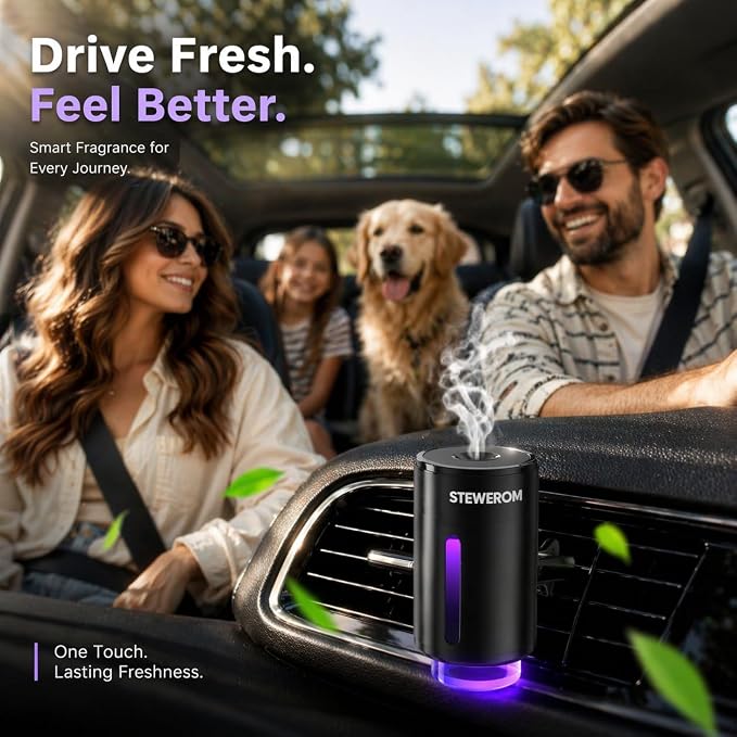 Car Air Freshener - Smart Adjustable 3-Speed Intensity, Rechargeable Humidifier Car Essential Oil Diffuser - Comes with 8 Bottles of 10ml Perfume (Black)