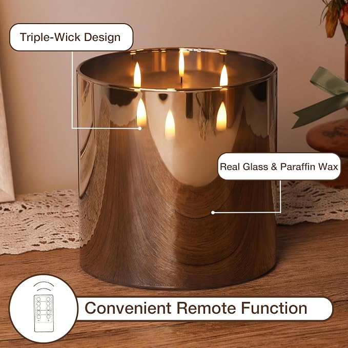 Eywamage 3 Wick Smoke Grey Glass Flameless LED Candle with Remote, Flickering Large Battery Pillar Candle Decor Φ 6" H 6"