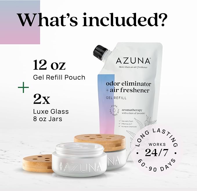 Azuna Air Freshener & Odor Eliminator for Strong Odor | 2 Room Kit Includes (2) 8 oz. Empty Luxe Glass Jars & 12 oz | Plant Powered by Australian Tea Tree Oil | Aromatherapy | Last 60-90 Days