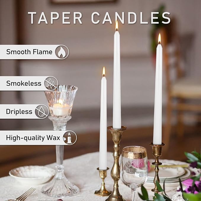 WPONSZU 50 Pack White Taper Candles, 7-8 Hours Burn Time, Unscented, Smokeless and Dripless, 4/5 x 10 Inch for Christmas,Household,Dinner,Wedding,Valentine's Day,Party and Home Décor Candlesticks