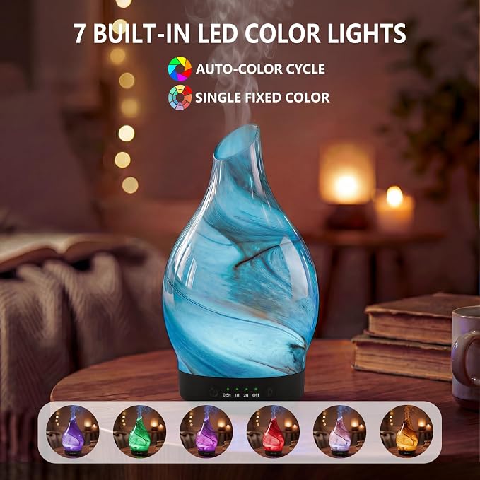 Aromatherapy Diffuser Essential Oil Diffuser - Glass Diffuser Ultrasonic Aroma Diffuser 150ml Scented Oil Diffuser with Auto-Off Protection & 7 Colors Night Light for Home Office Decor&Gift