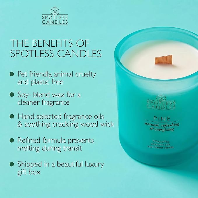 Pine Candle; 9.7 oz: 55 Hrs Burn Time, Soy Wax Teal Frosted Jar with Crackling Wooden Wick & Luxury Gift Box: Pine Scented Candle by Spotless Candles | Soy Wax, 55 Hrs Burn Time, Crackling Wooden Wick, Luxury Gift Box