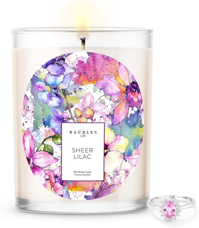 Kate Bissett Baubles Sheer Lilac Scented Premium Candle and Jewelry with Surprise Ring Inside | 18 oz Large Candle | Made in USA | Parrafin Free | Size 07