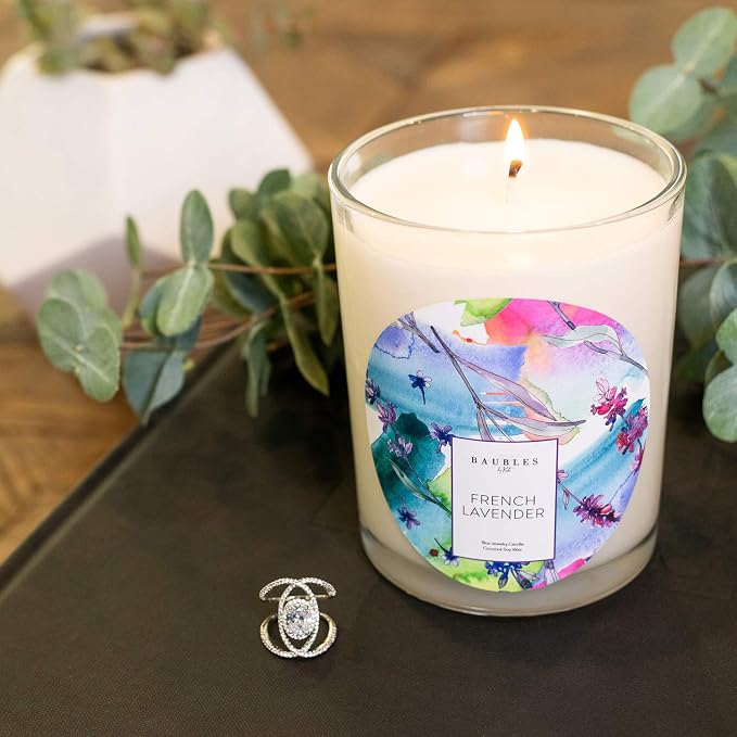 Baubles French Lavender Scented Premium Candle and Jewelry with Surprise Ring Inside | 18 oz Large Candle | Made in USA | Parrafin Free | Size 07
