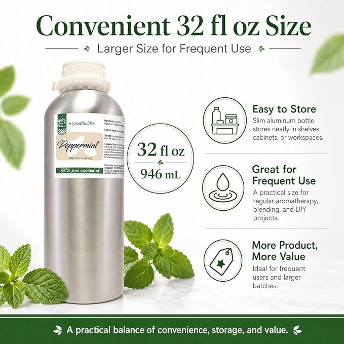 GreenHealth Peppermint Essential Oil – 32 fl oz (946 ml) – 100% Pure & Uncut – Strong Menthol Scent – Aluminum Bottle with Plug Cap – for Diffusers, Cleaning, DIY